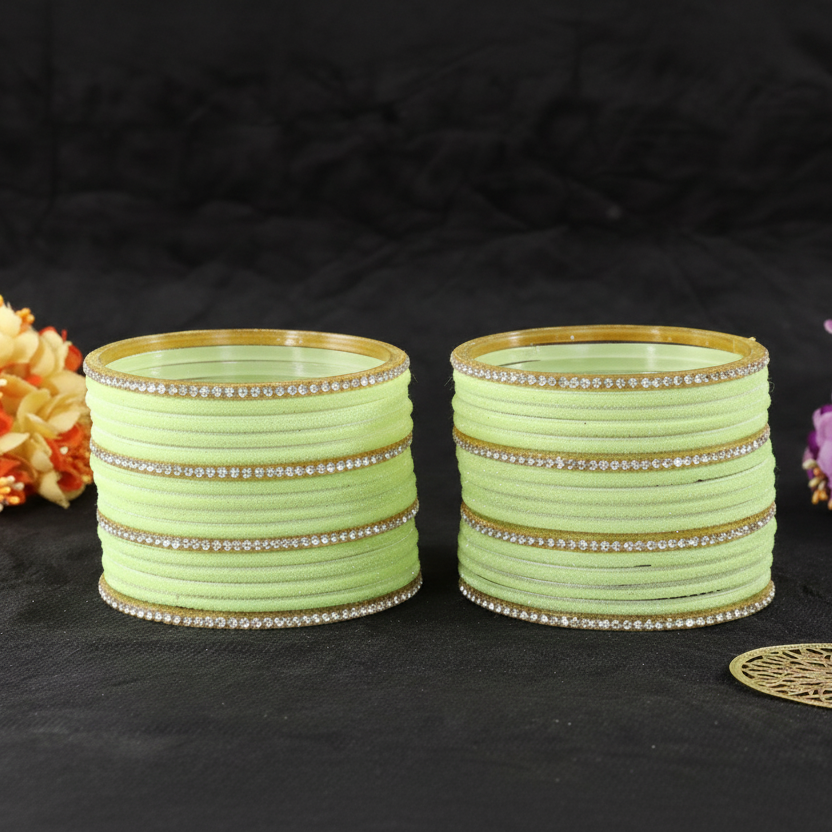 Pista Green Velvet & Glass Bangles Set with Stone Work – Pack of 32