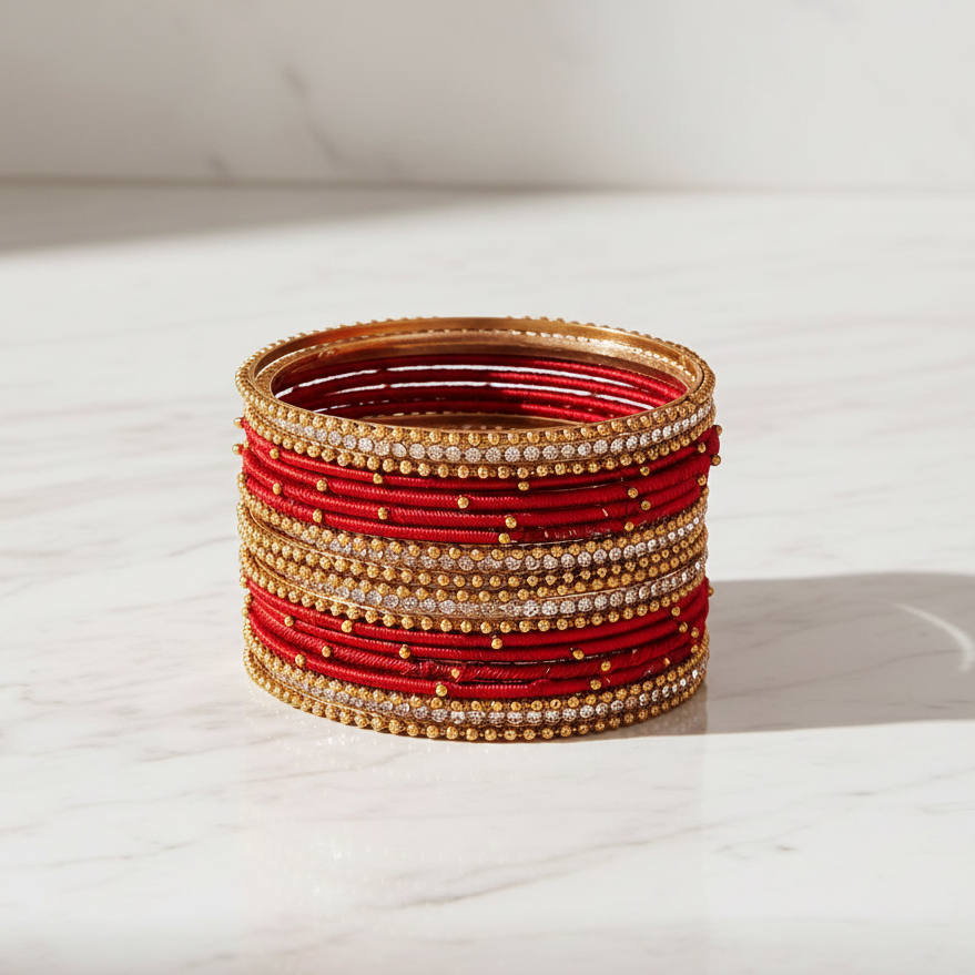 Traditional Maroon Silk Thread Bangle Set with Zircon Stones for Women & Girls