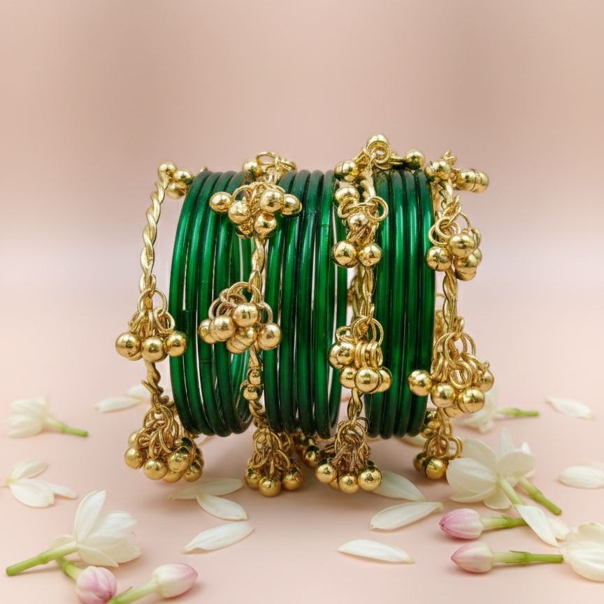 Pack of 16 Green Glass Bangles with Metal Ghungroo – Traditional Bridal