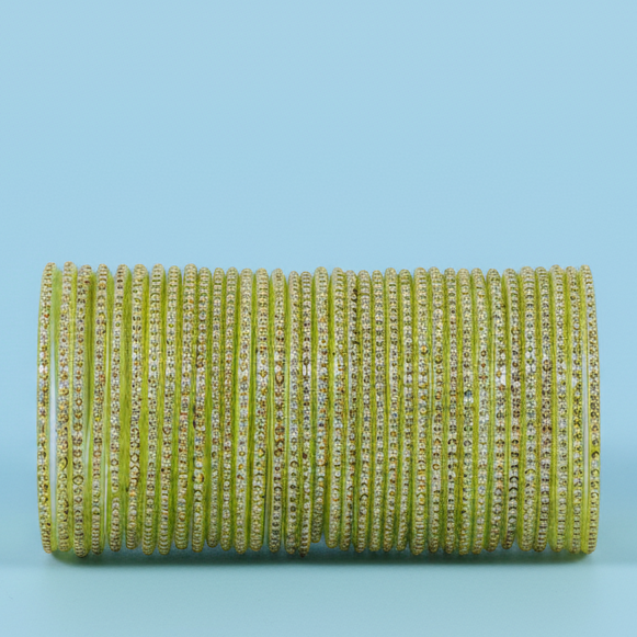 Dhani Green Glass Bangles with Golden Dots & Stone Work – Pack of 36