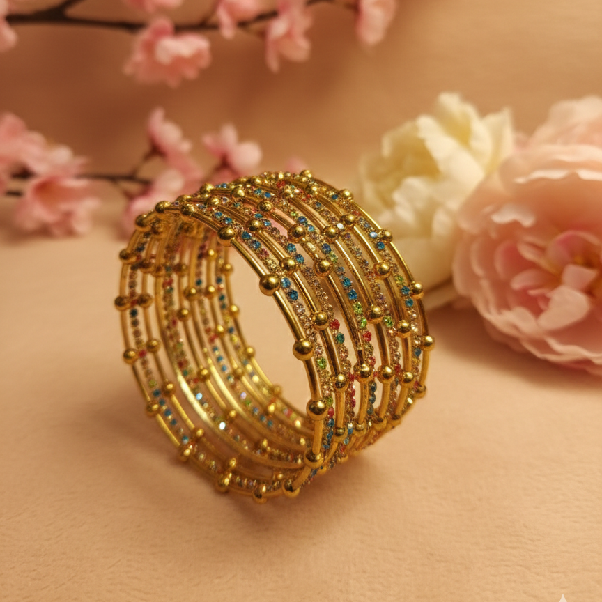 Gold Multi  Beaded Zircon Studded Stackable Metal Bangles Set-Pack of 26