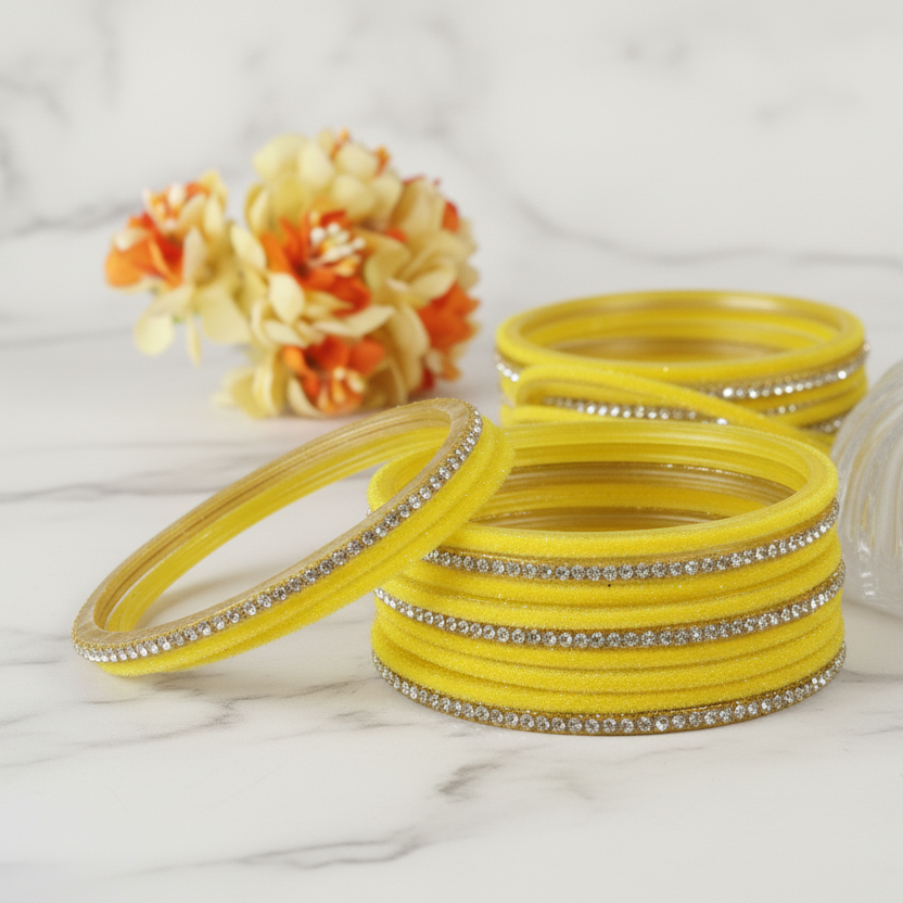 Yellow Velvet & Glass Bangles Set with Stone Work – Pack of 32