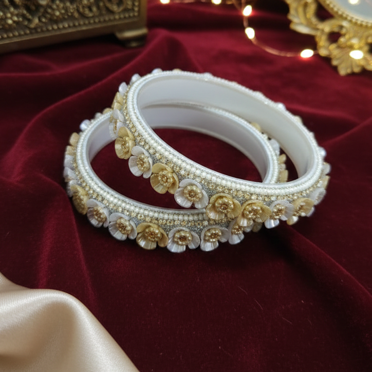 White Floral Glass Kada with Pearl & Stone Work (Set of 2)