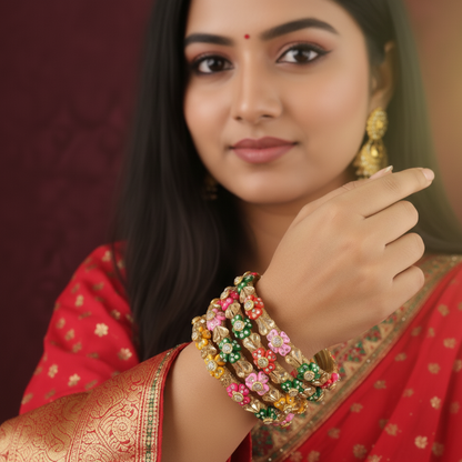 Traditional Rajasthani Style Glass Bangles with Multicolor Floral Stones – Set of 4
