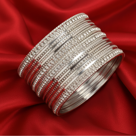 silver Plated Glossy Cutting Pattern Bangles with Zircon