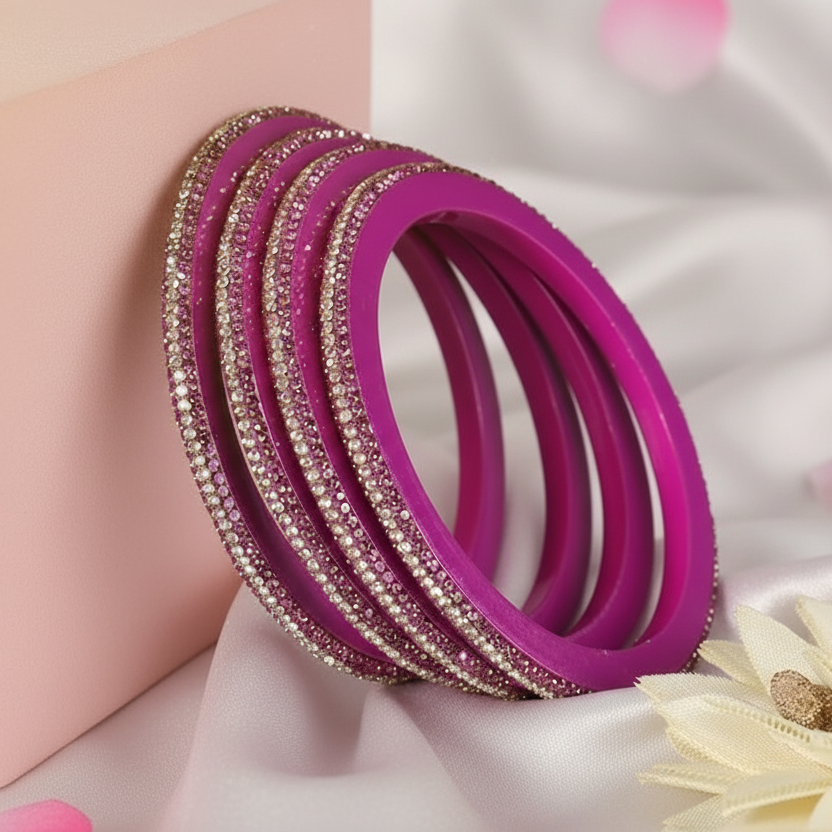 Pink Lac Bangles with Golden Zircon Diamond Stones – Pack of 4