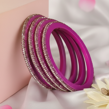 Pink Lac Bangles with Golden Zircon Diamond Stones – Pack of 4