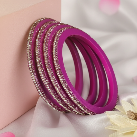 Pink Lac Bangles with Golden Zircon Diamond Stones – Pack of 4