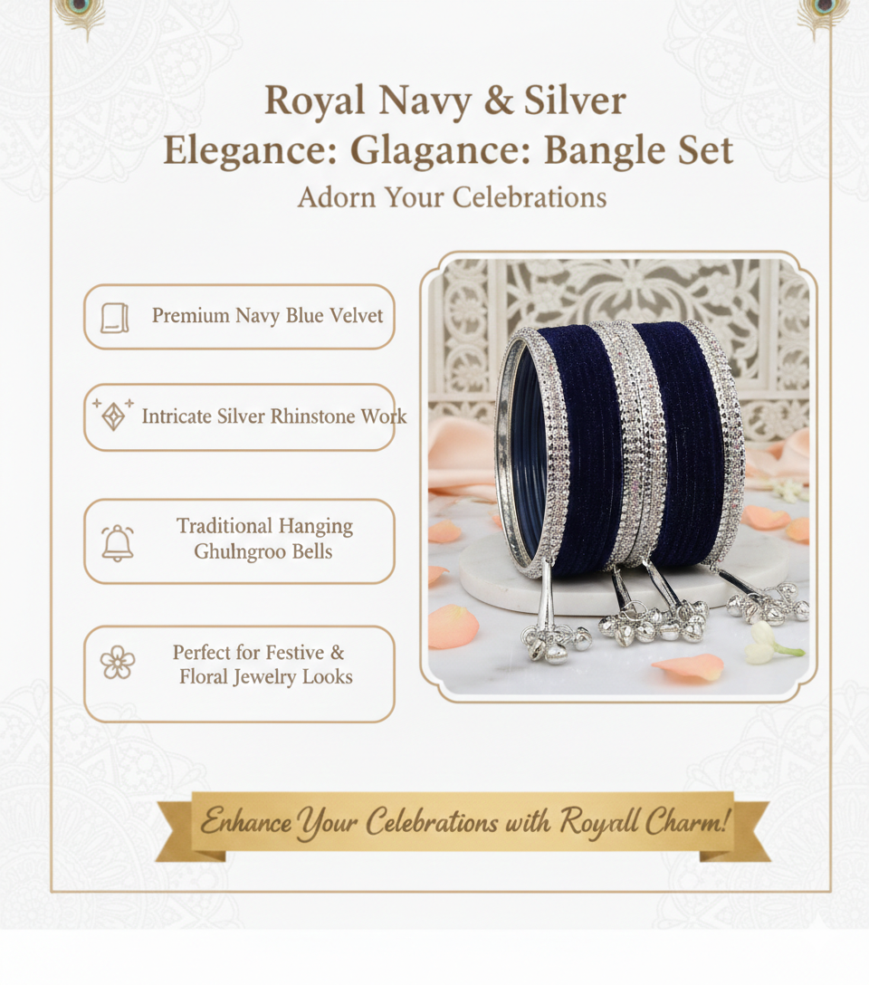 Navy Blue Velvet with Silver Latkan  Zircon  Metal Bangles Set of 16