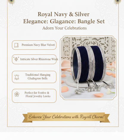Navy Blue Velvet with Silver Latkan  Zircon  Metal Bangles Set of 16