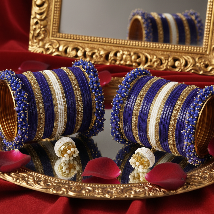 Royal Blue Velvet Zircon Chuda Set with Pearl Latkan – Bridal & Festive Bangles
