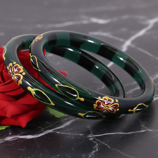 Radium Finish Floral Print Dark Green Glass Bangles - Set of 2