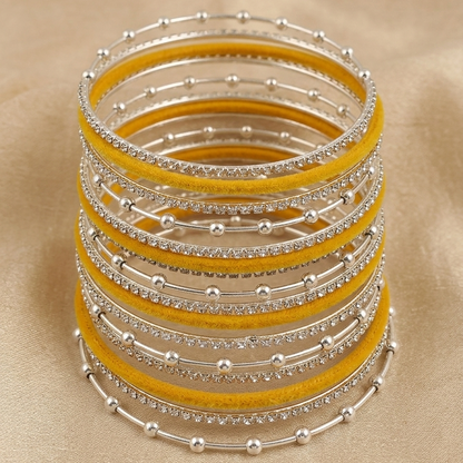 Premium Yellow Velvet & Stone Studded Silver Bangles Set-16
