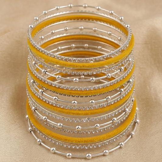 Premium Yellow Velvet & Stone Studded Silver Bangles Set-16