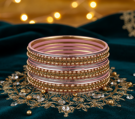 Pink Zircon Studded Ball Chain Linked Bangle Set for Women & Girls