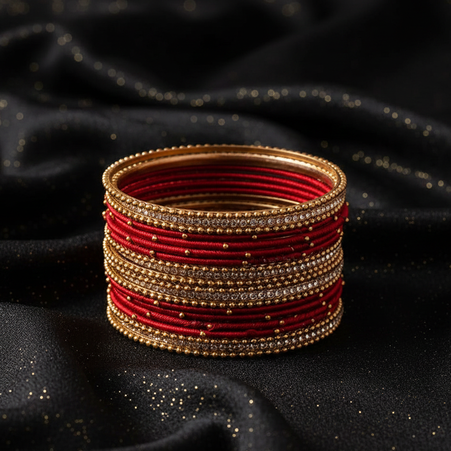Traditional Maroon Silk Thread Bangle Set with Zircon Stones for Women & Girls