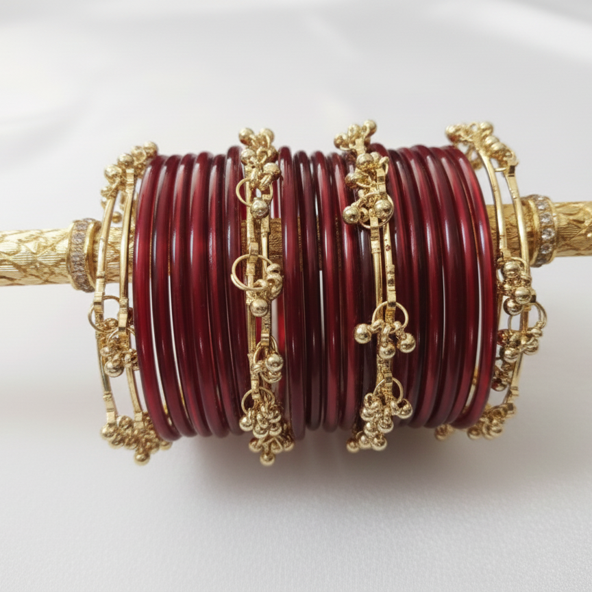 Bridal Red Glass Bangles with 8 Ghungroo Metal Charms – Set of 24