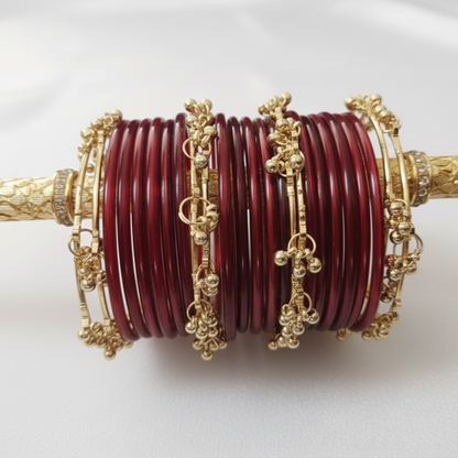 Bridal Red Glass Bangles with 8 Ghungroo Metal Charms – Set of 24