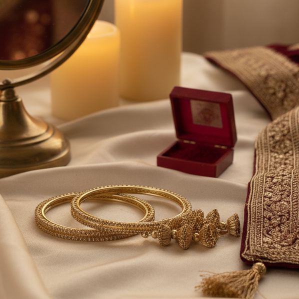 Golden Metal Latkan Bangles – Elegant Jhumka Design Bridal Bangle Set of 4