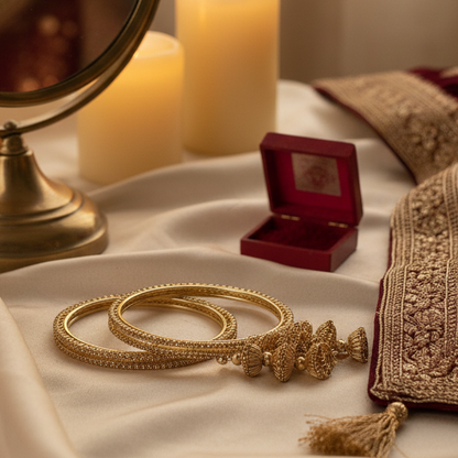 Golden Metal Latkan Bangles – Elegant Jhumka Design Bridal Bangle Set of 4