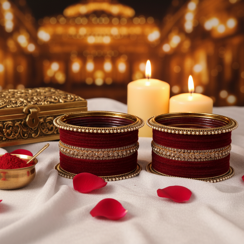 Maroon Velvet Zircon Bridal Chuda Set – Gold-Plated Metal Bangles with Pearl Detailing