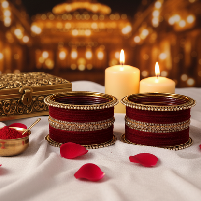 Maroon Velvet Zircon Bridal Chuda Set – Gold-Plated Metal Bangles with Pearl Detailing