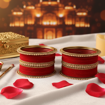 Red Velvet Bridal Chuda Set – Metal Base with Zircon Diamond-Studded Bangles