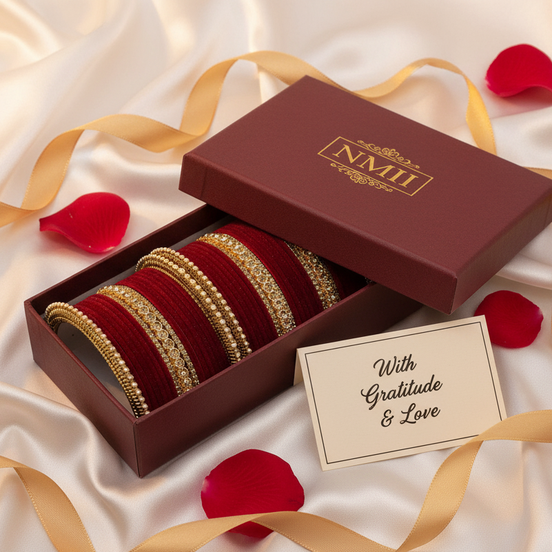 Maroon Velvet Zircon Bridal Chuda Set – Gold-Plated Metal Bangles with Pearl Detailing