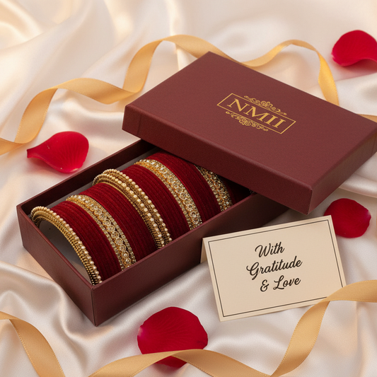 Maroon Velvet Zircon Bridal Chuda Set – Gold-Plated Metal Bangles with Pearl Detailing
