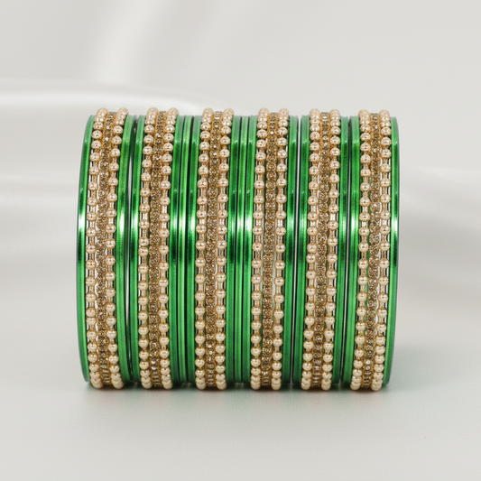 Zircon Studded Metal Bangles with Ball Chain & Plain Bangles Set