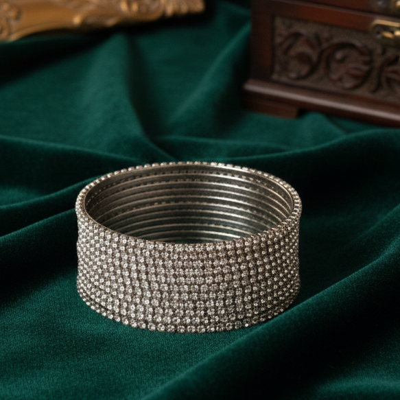 Silver Zircon Studded Glossy Bangle Set for Women & Girls