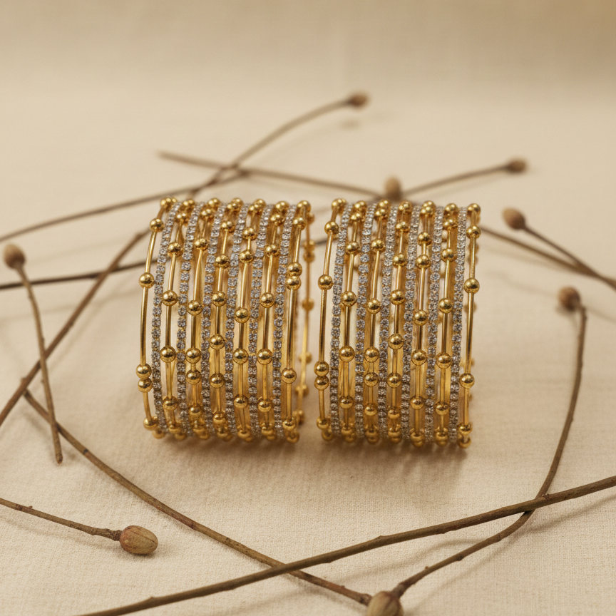 Gold Beaded Zircon Studded Stackable Metal Bangles Set-Pack of 26