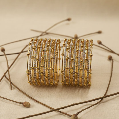 Gold Beaded Zircon Studded Stackable Metal Bangles Set-Pack of 26