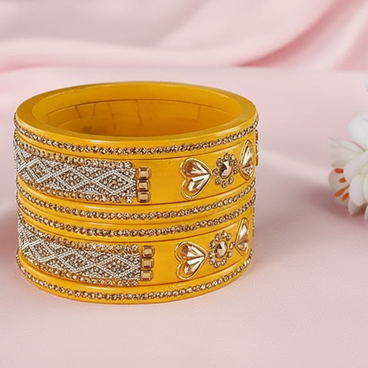 Haldi Gold Splendor: Lakh Luxe Yellow Bangle Set (6-PC) with Kundan & Pearl
