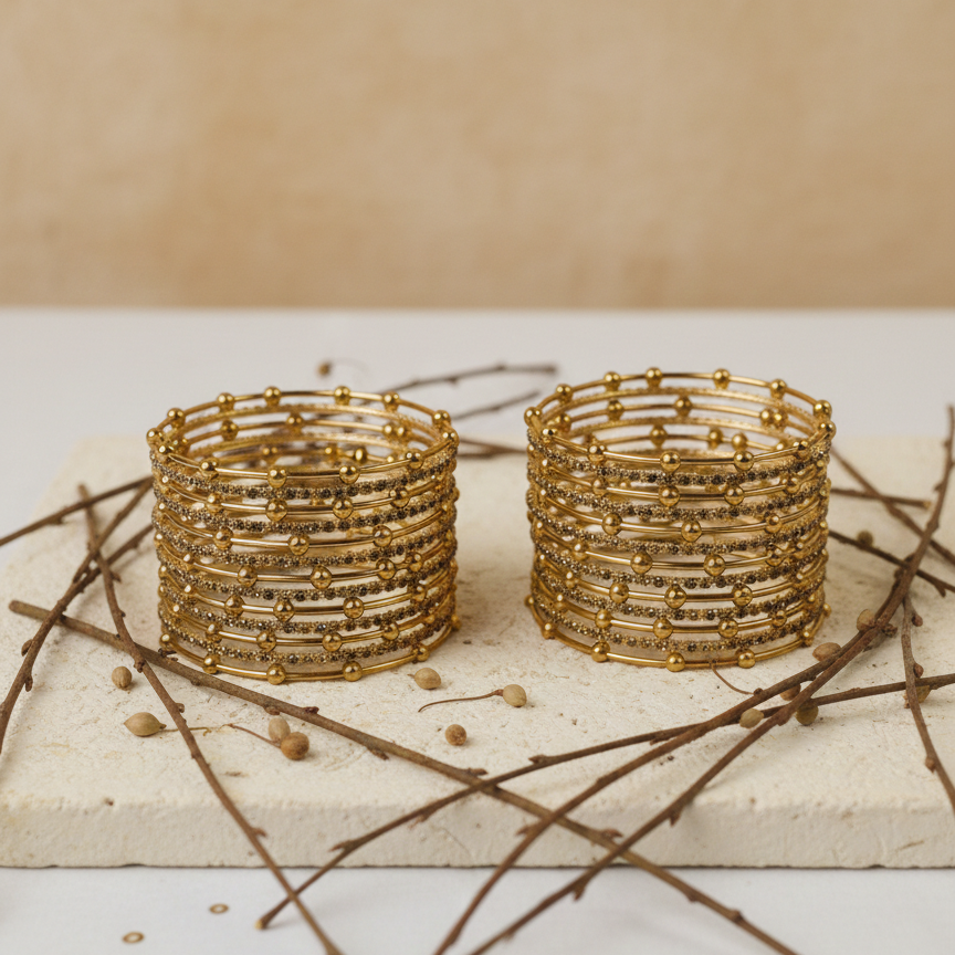 Gold Beaded Zircon Studded Stackable Metal Bangles Set-Pack of 26