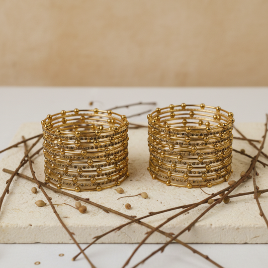 Gold Beaded Zircon Studded Stackable Metal Bangles Set-Pack of 26