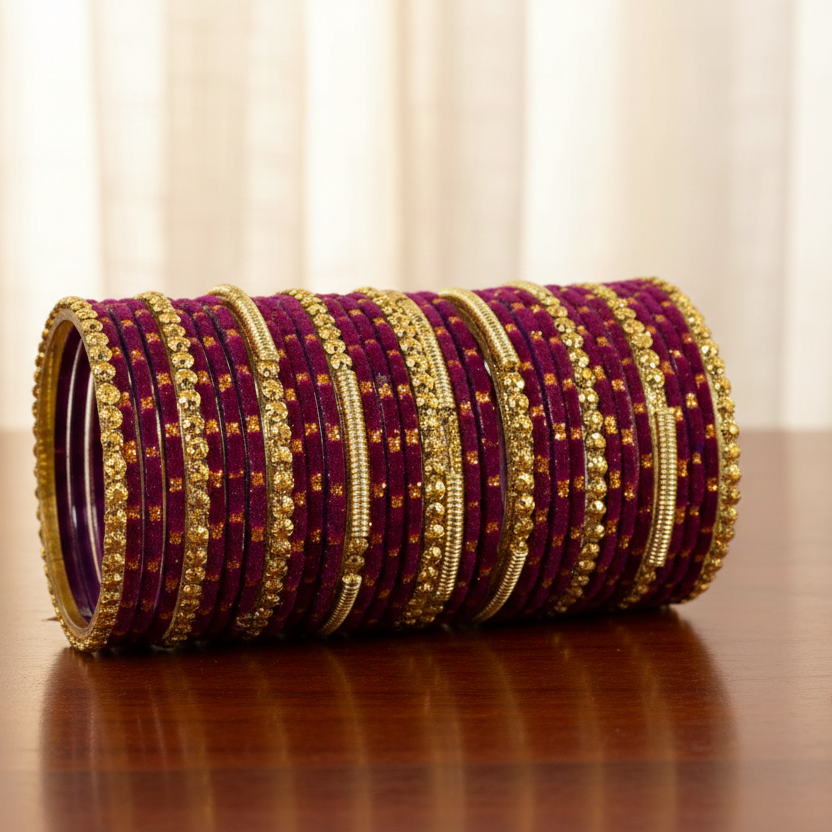 Fancy Red Velvet Glass Bangles with Golden Beads & Polka Dots (Set of 34)