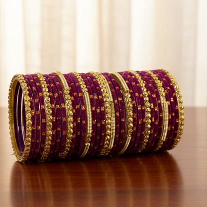 Fancy Red Velvet Glass Bangles with Golden Beads & Polka Dots (Set of 34)