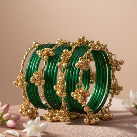 Pack of 16 Green Glass Bangles with Metal Ghungroo – Traditional Bridal