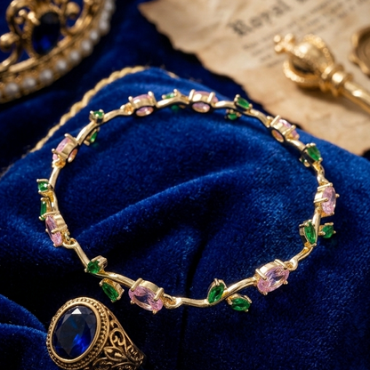 Elegant Gold-Toned Bracelet with Pink Green Stones & Zircon Accents  Stylish Designer Chain Bracelet for Daily & Party Wear