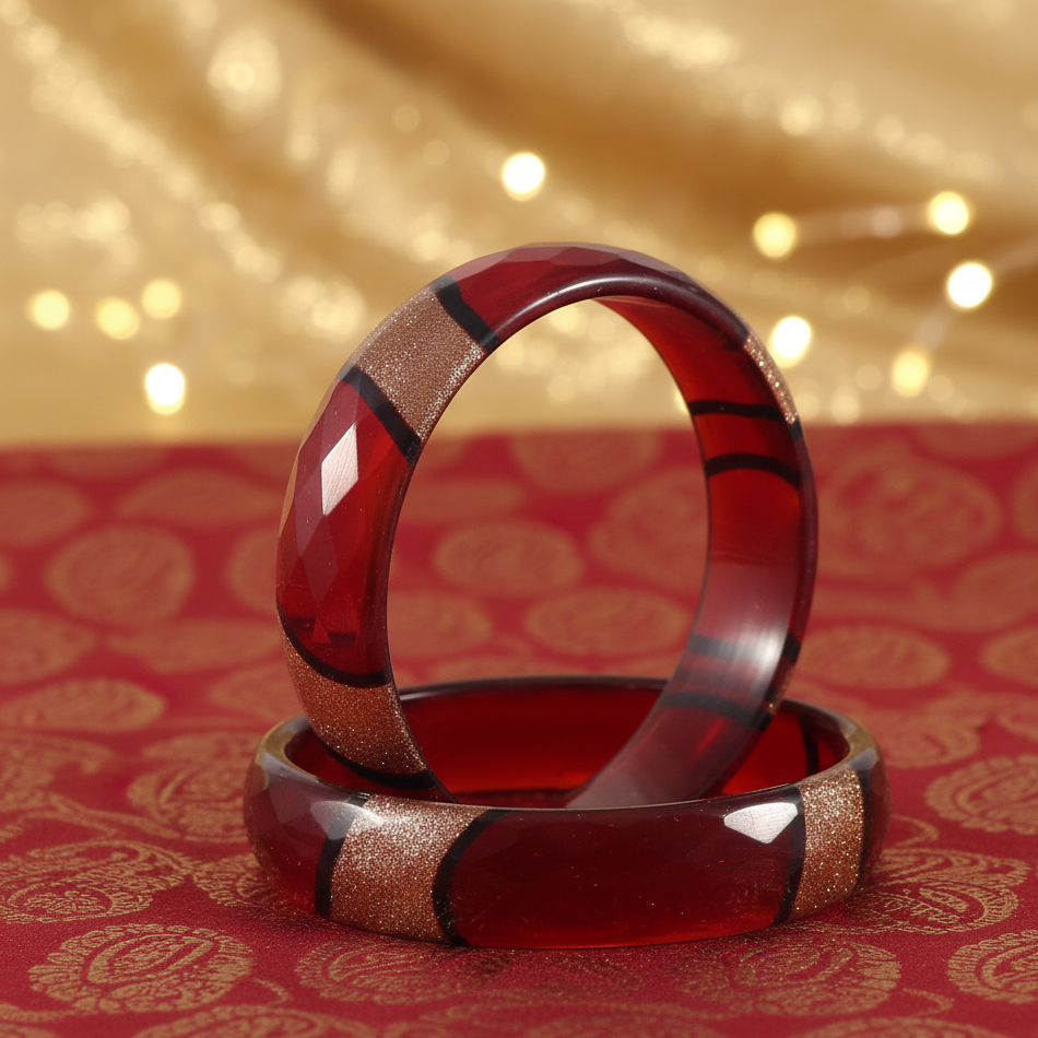 Ruby Red Faceted Glass Kada Bangle Set (2 Pcs)