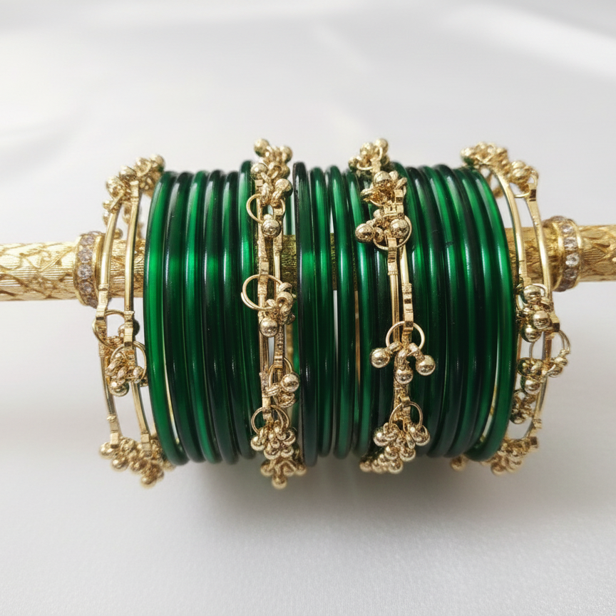 Royal Emerald Green Glass Bangles with Metal Ghungroo – Set of 24