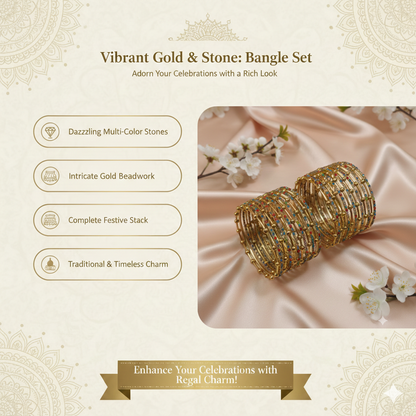 Gold Multi  Beaded Zircon Studded Stackable Metal Bangles Set-Pack of 26