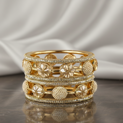 Regal Gold & Pearl: Lakh Luxe Flower Kada Set (2-Pack)