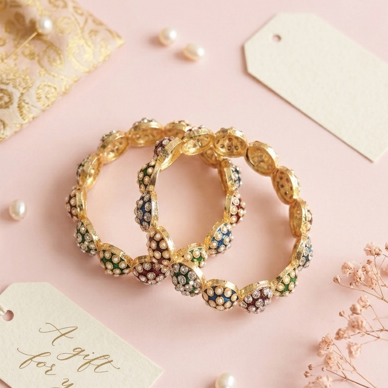 NMII Radiance Multicolor Crystal & Pearl Kada Bangles for Women
