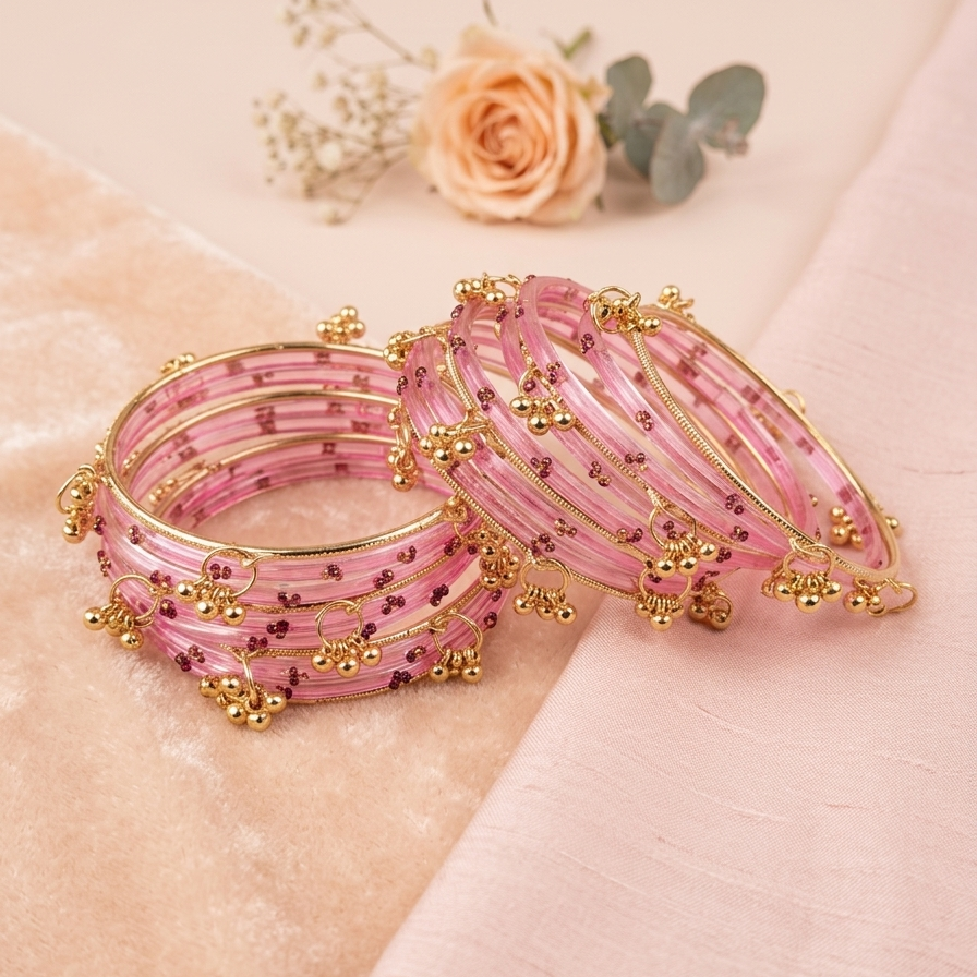 Pink Glass Bangles Set with Gold Metal Ghungroo Pack of 20