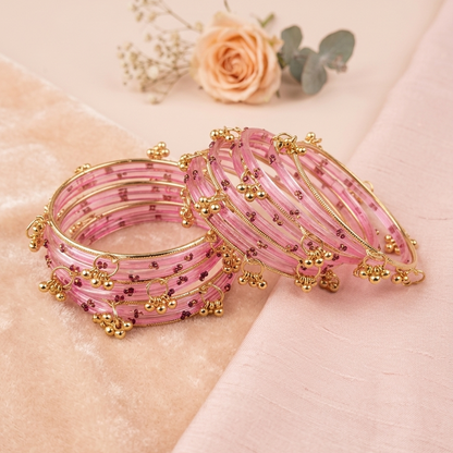 Pink Glass Bangles Set with Gold Metal Ghungroo Pack of 20