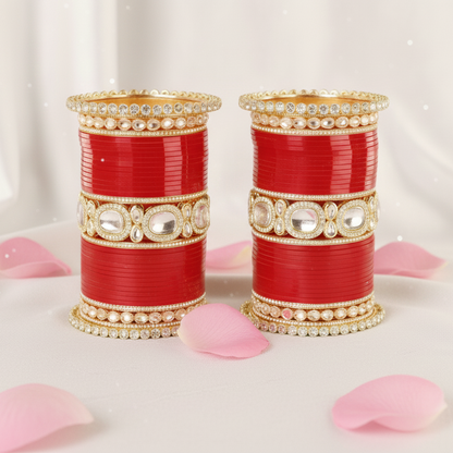 Bridal Red Metal Gold Chuda Set | Traditional Wedding Bangles for Women | Set of 70