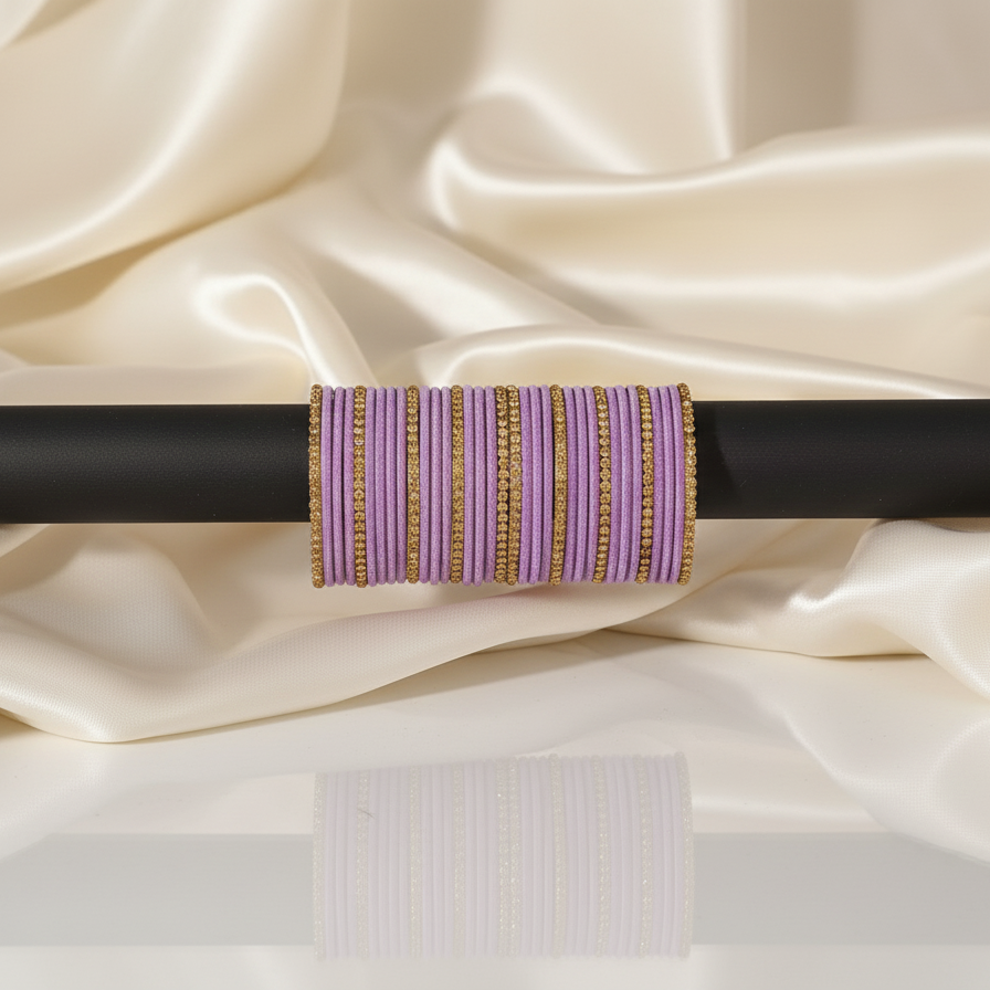 Premium Glass & Golden Beads Velvet Bangles Set – Pack of 34 (Light Purple Color)