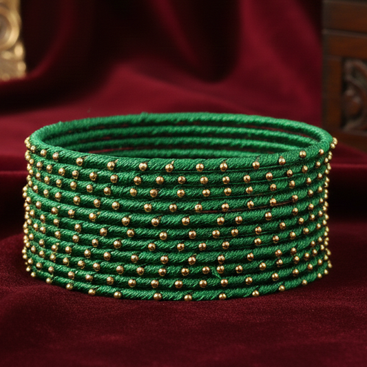 Green Silk Thread Ball Stone Linked Glossy Bangle Set for Women & Girls | Pack of 12